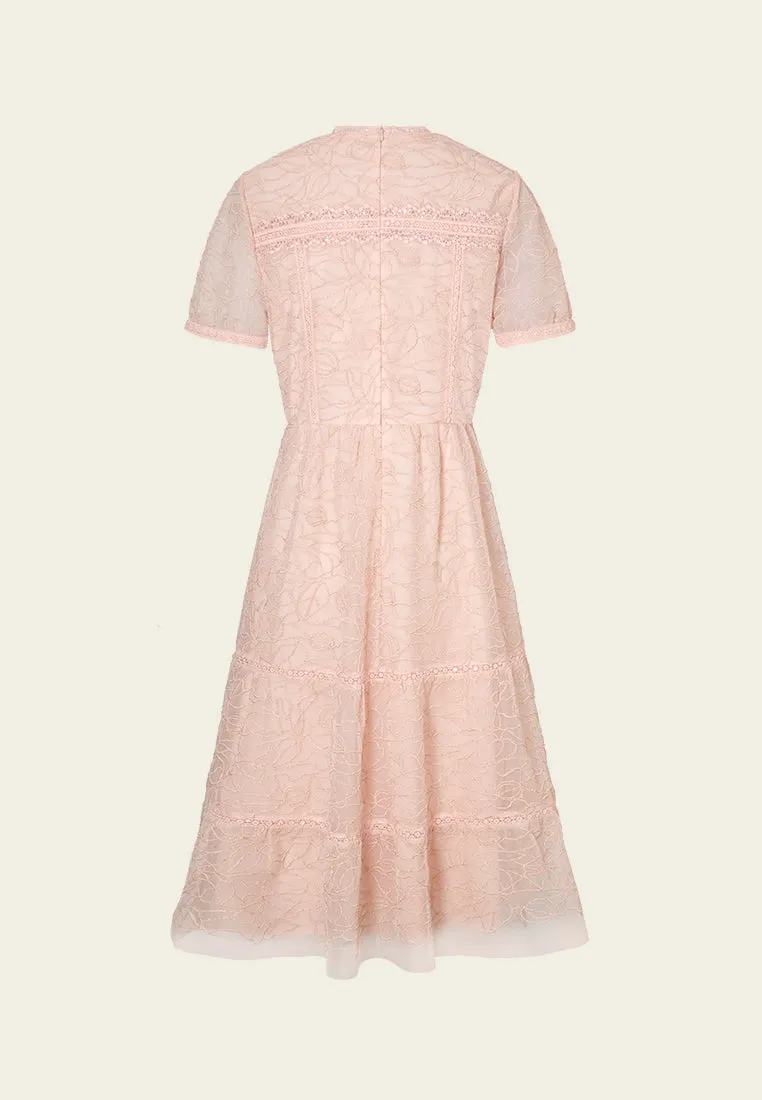 V-neck Panelled Plant-embroidery Mesh Dress Polish Glow
