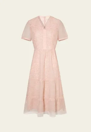 Breathable knit V-neck Panelled Plant-embroidery Mesh Dress