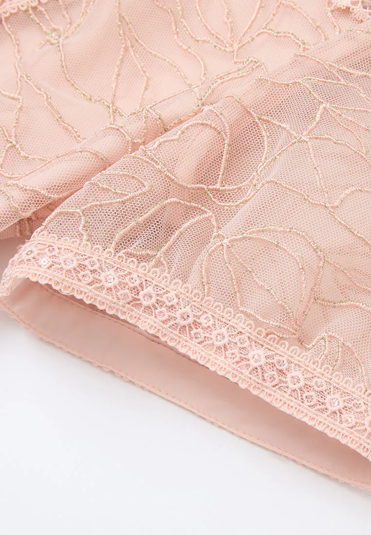 LayeredConstruction V-neck Panelled Plant-embroidery Mesh Dress