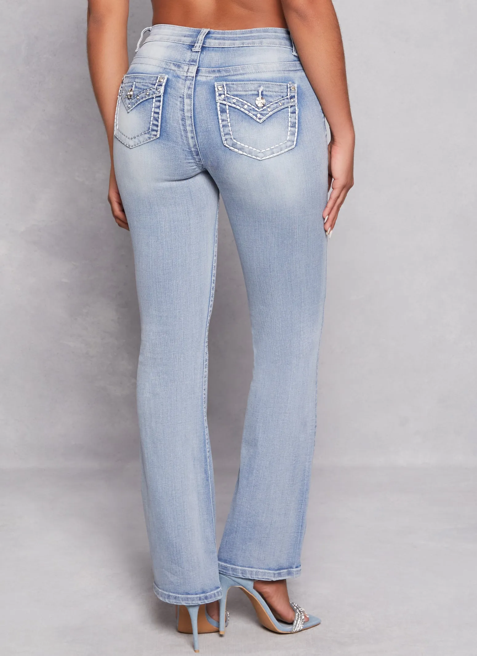 Timeless Look No Fuss Wear WAX Rhinestone Back Pocket Boot Cut Jeans