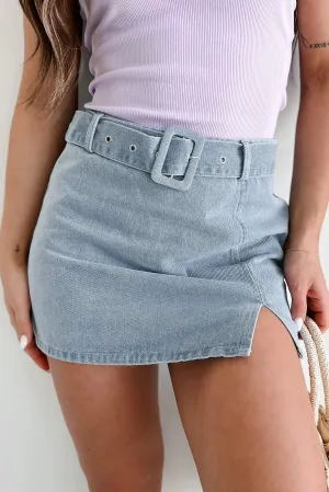Reinforced Hems Boutique Exclusive Growing Distant Belted Denim Mini Skirt (Washed Denim)