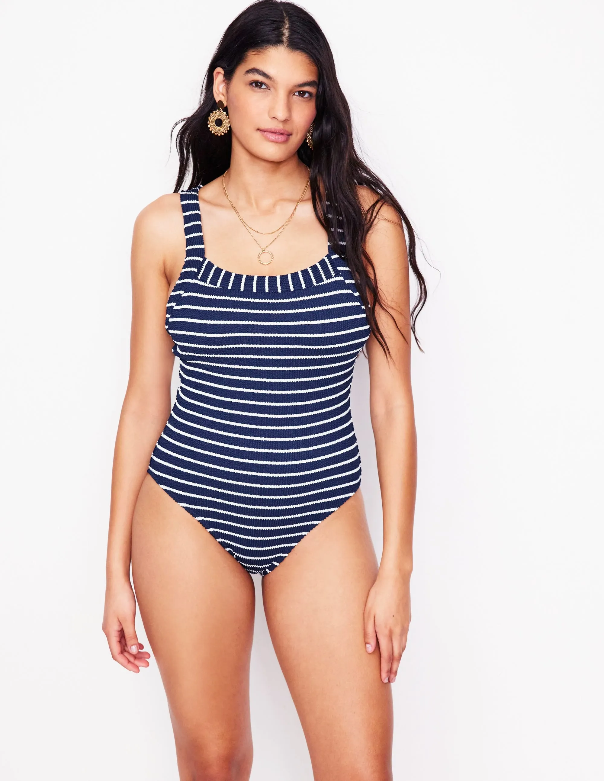 Open Glow LowBulkFabric Scoop Cross Back Swimsuit-Navy/ Ivory