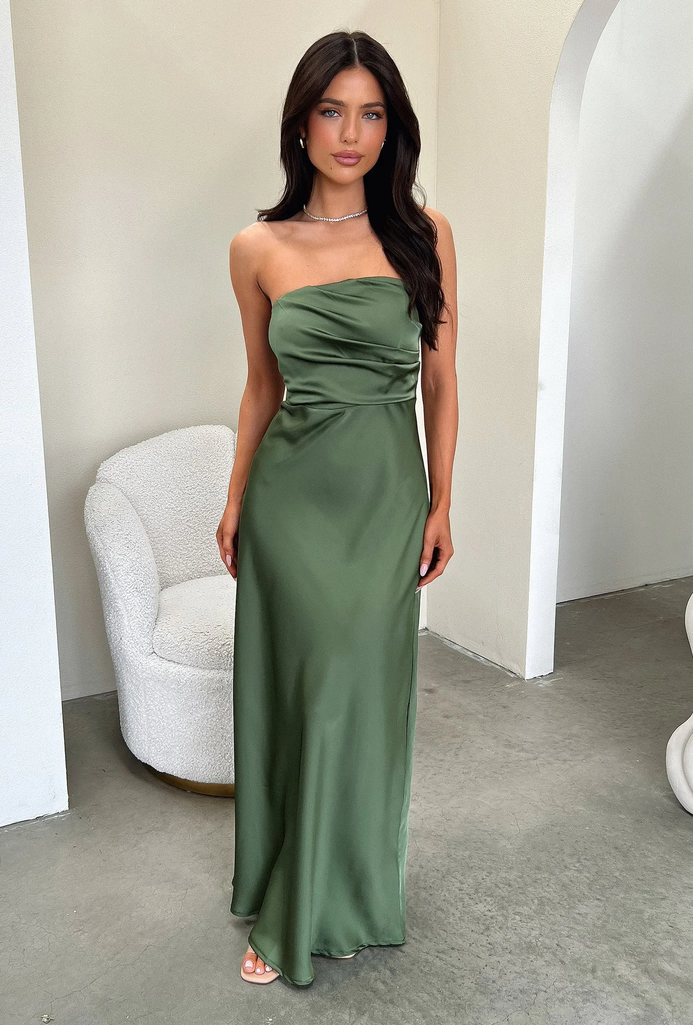 Georgette Glow Elio Strapless Satin Maxi Dress - Olive