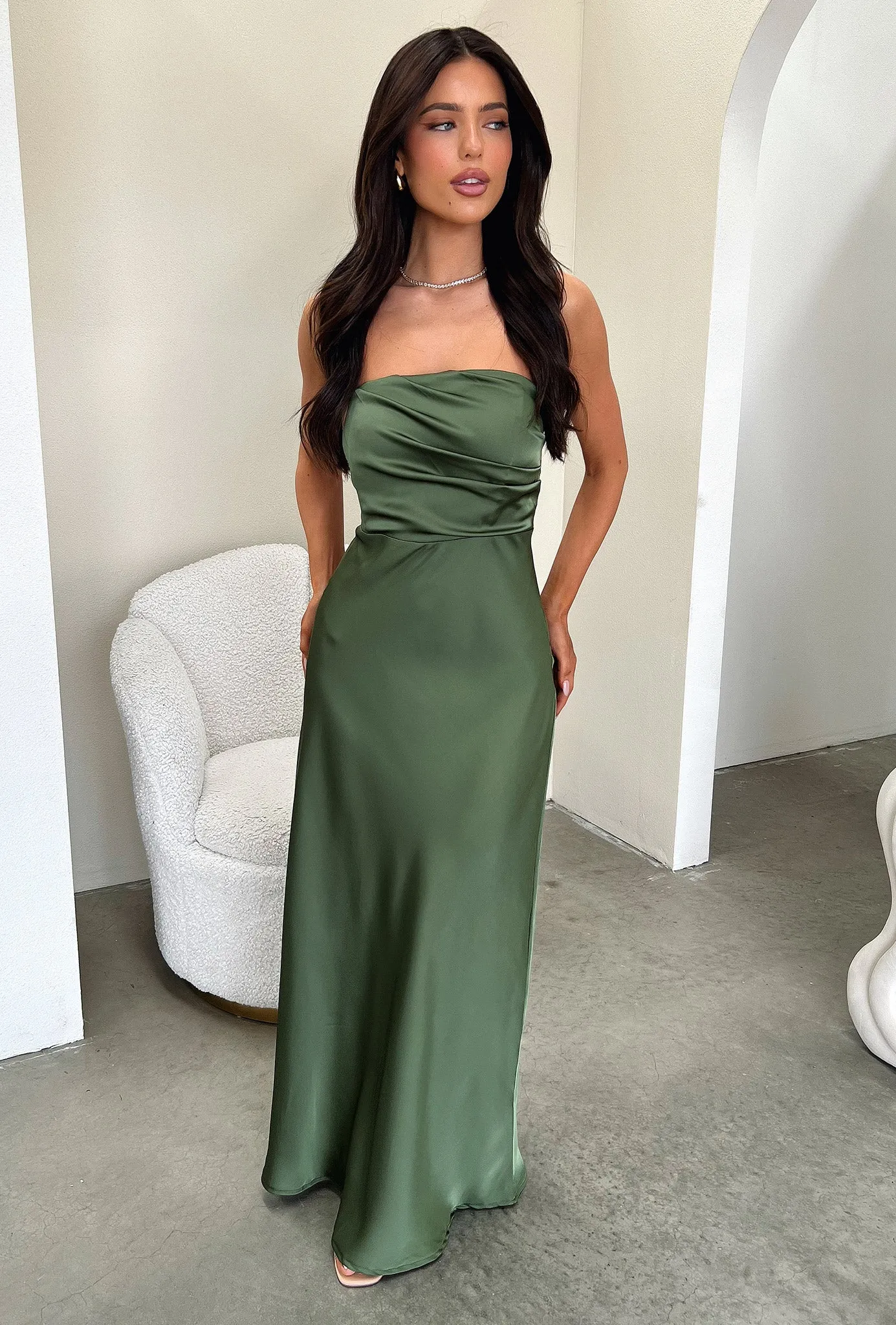 handmade detail Elio Strapless Satin Maxi Dress - Olive