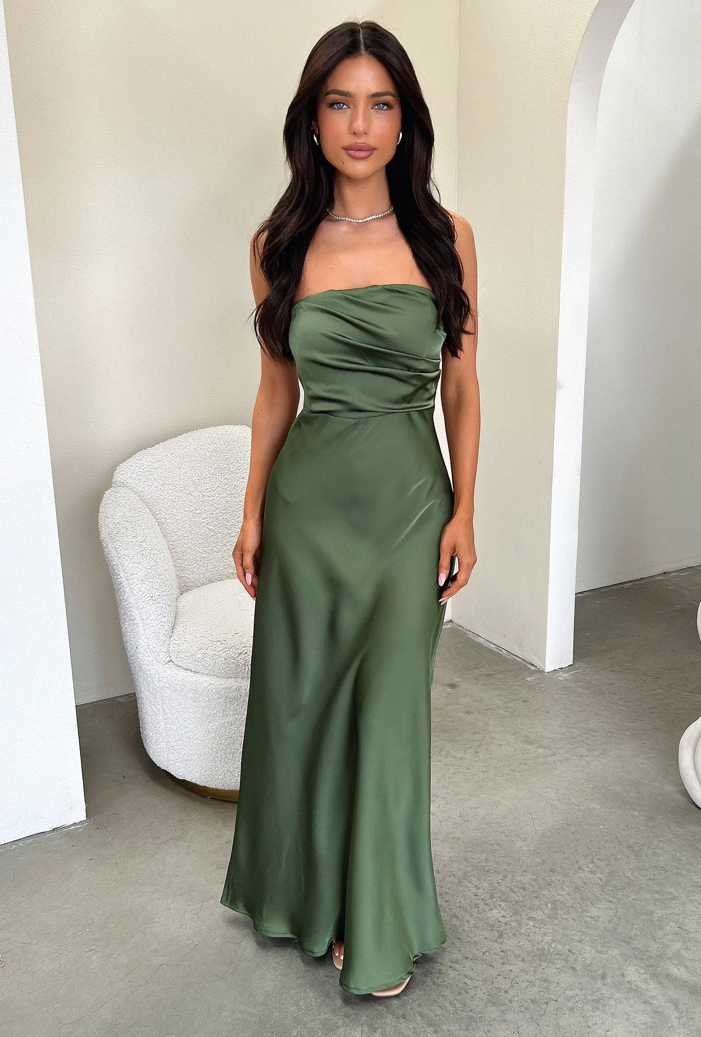 Elio Strapless Satin Maxi Dress - Olive Knot Glow