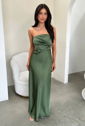 Georgette Glow Elio Strapless Satin Maxi Dress - Olive