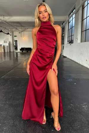 Arabelle High Neck Satin Maxi Dress - Burgundy Perfect for a day out or a night on the town this dress offers endless styling possibilities Heroine Mood