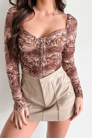 Yoga Worker Wildly Attractive Hook Front Animal Print Bodysuit (Brown)