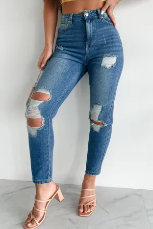 Spring Mood Outdoor Enthusiast Formal Neutral Fit Piece Ariah High Rise Distressed Mom Jeans (Medium Denim)
