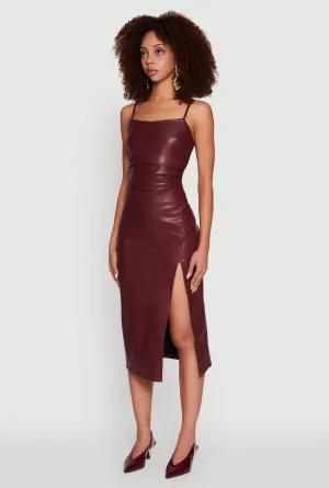 Faux Leather Square Neck Side Slit Midi Dress Elegant knee-length dress Flattering fit for all body types
