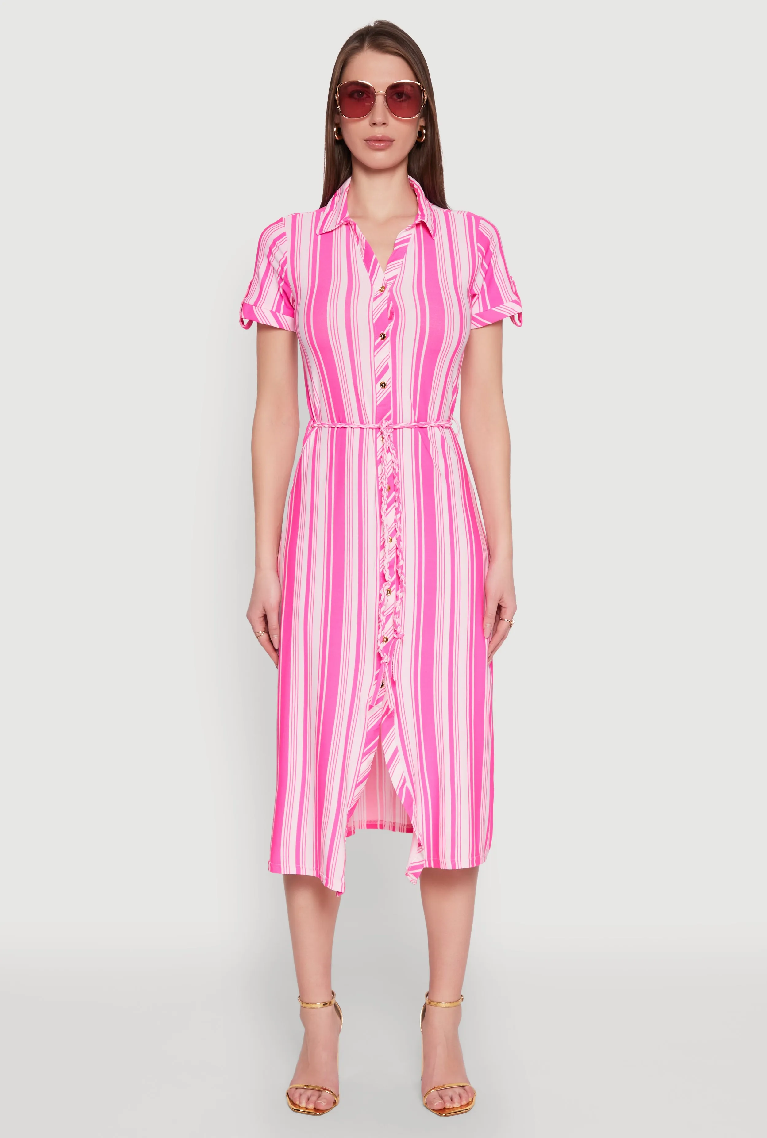 Striped Tie Waist Belted Shirt Dress Simple and timeless piece Workday Cool