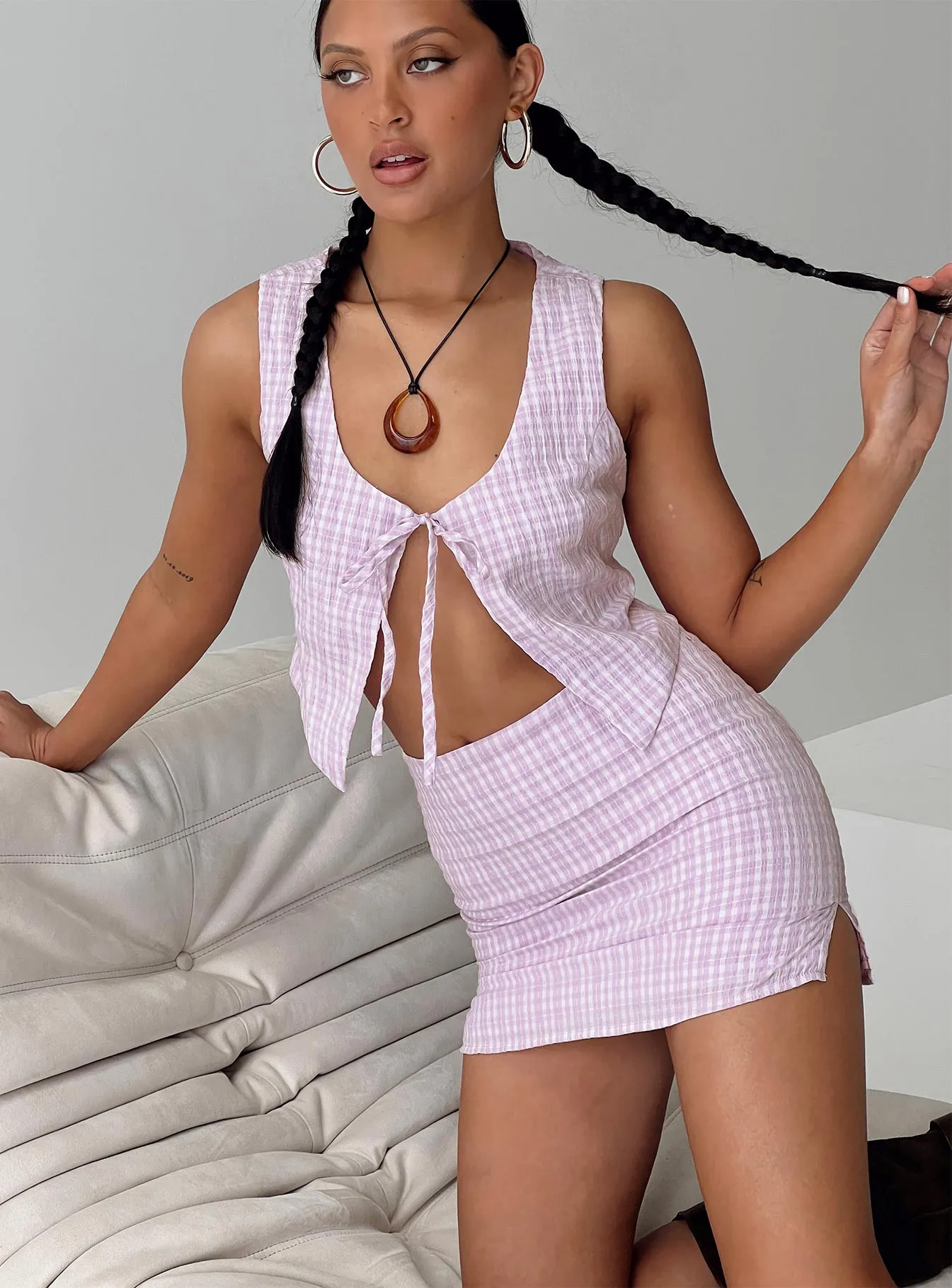 Fringe Detail Chic Appeal Mulberry Gingham Set Purple