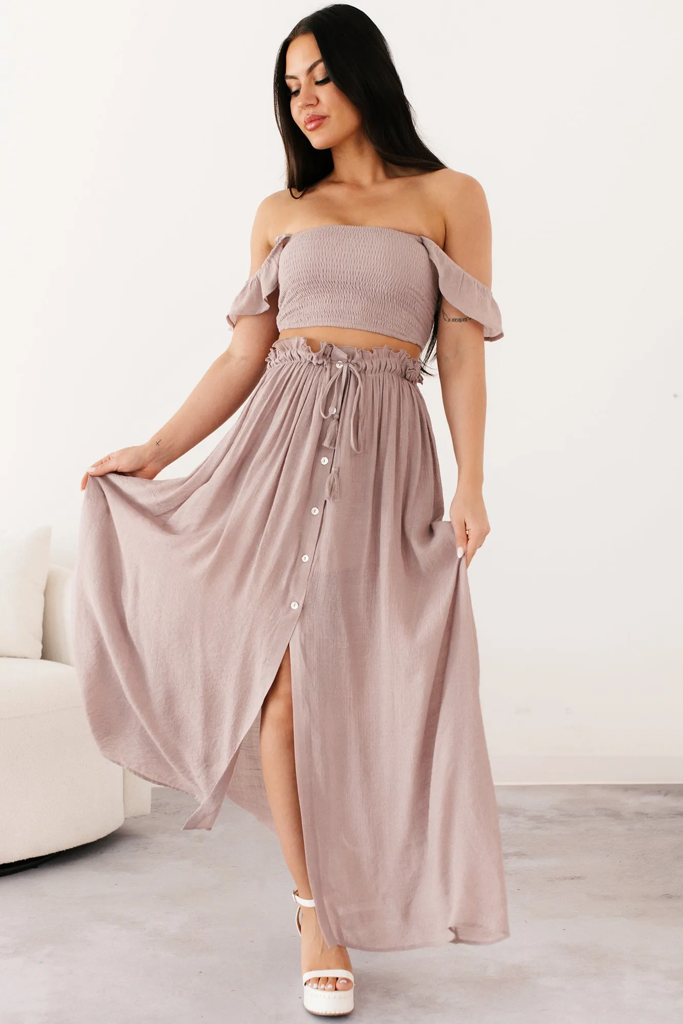Stretch Waist Gather Details Midnight Skies Crop Top & Maxi Skirt Set (Dark Mauve)
