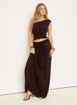 Full Orbit Shirred Maxi Skirt Chocolate Brown Simple Layers