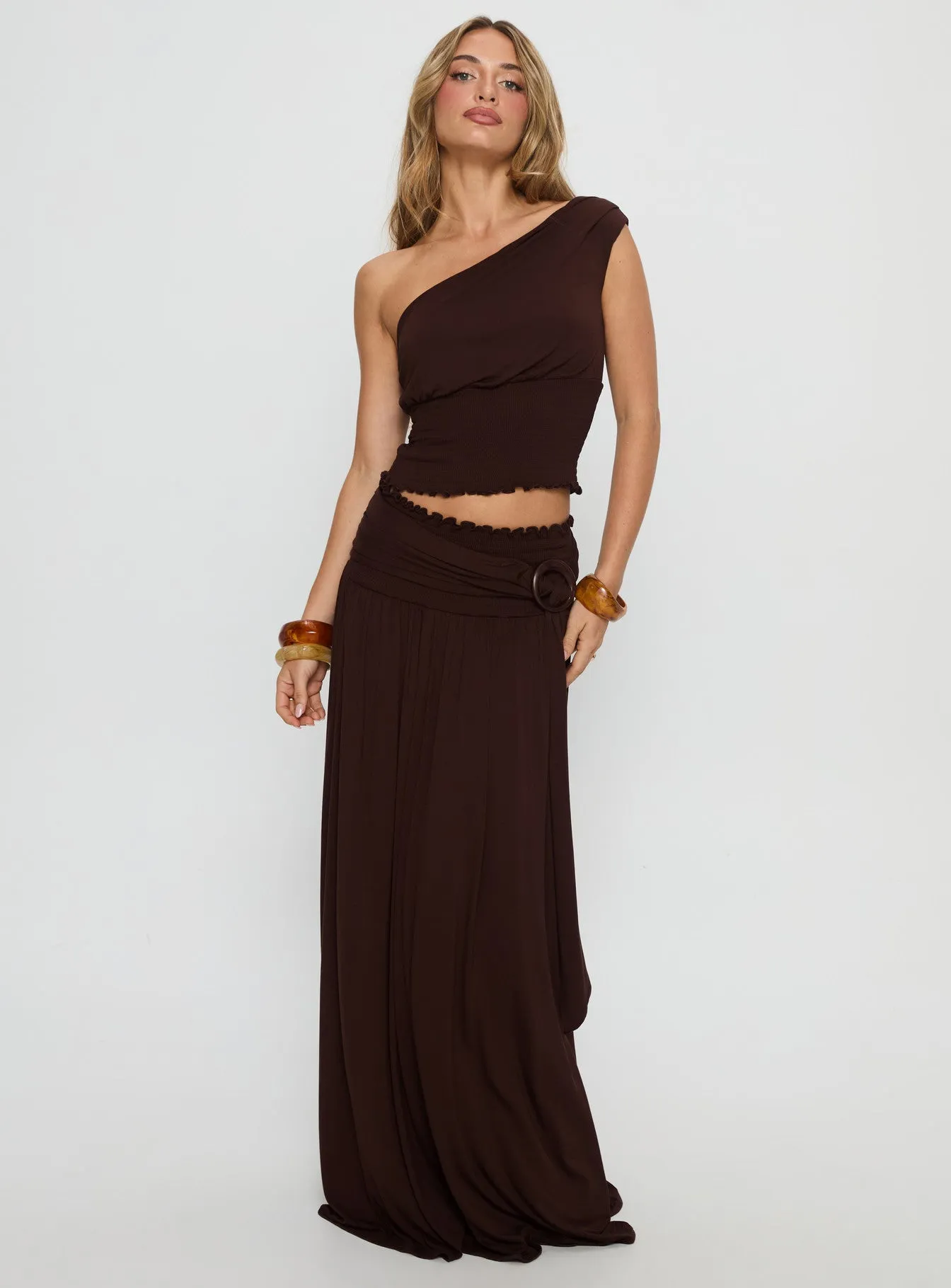 Full Orbit Shirred Maxi Skirt Chocolate Brown Reinforced Seams