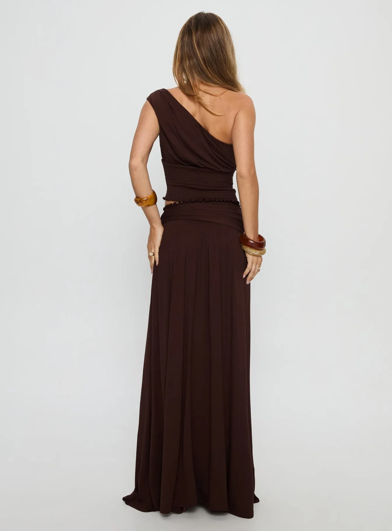 Full Orbit Shirred Maxi Skirt Chocolate Brown Polka Dot