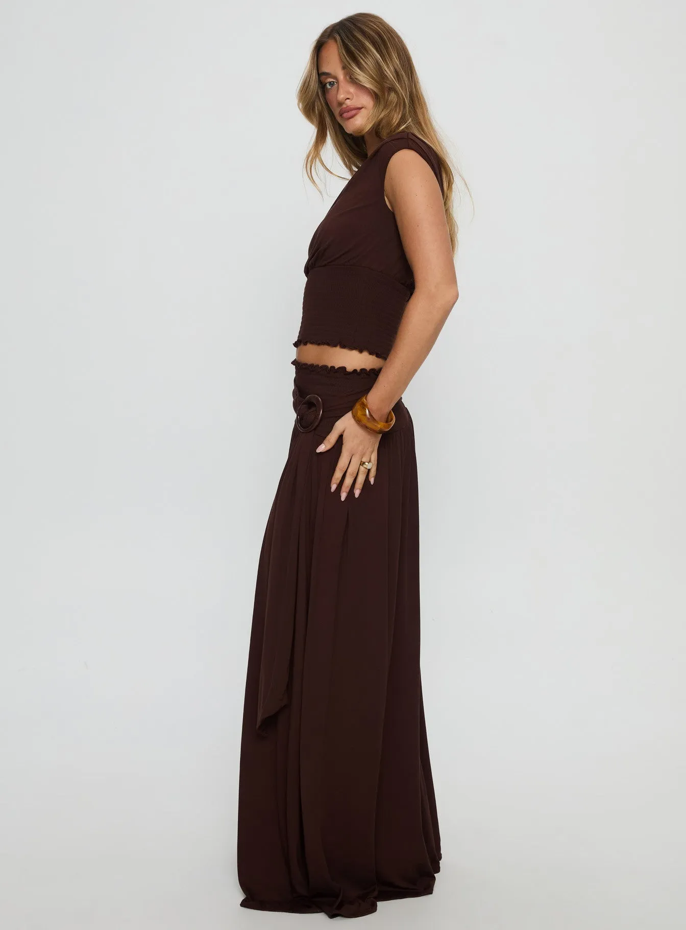 Relaxed Style Full Orbit Shirred Maxi Skirt Chocolate Brown