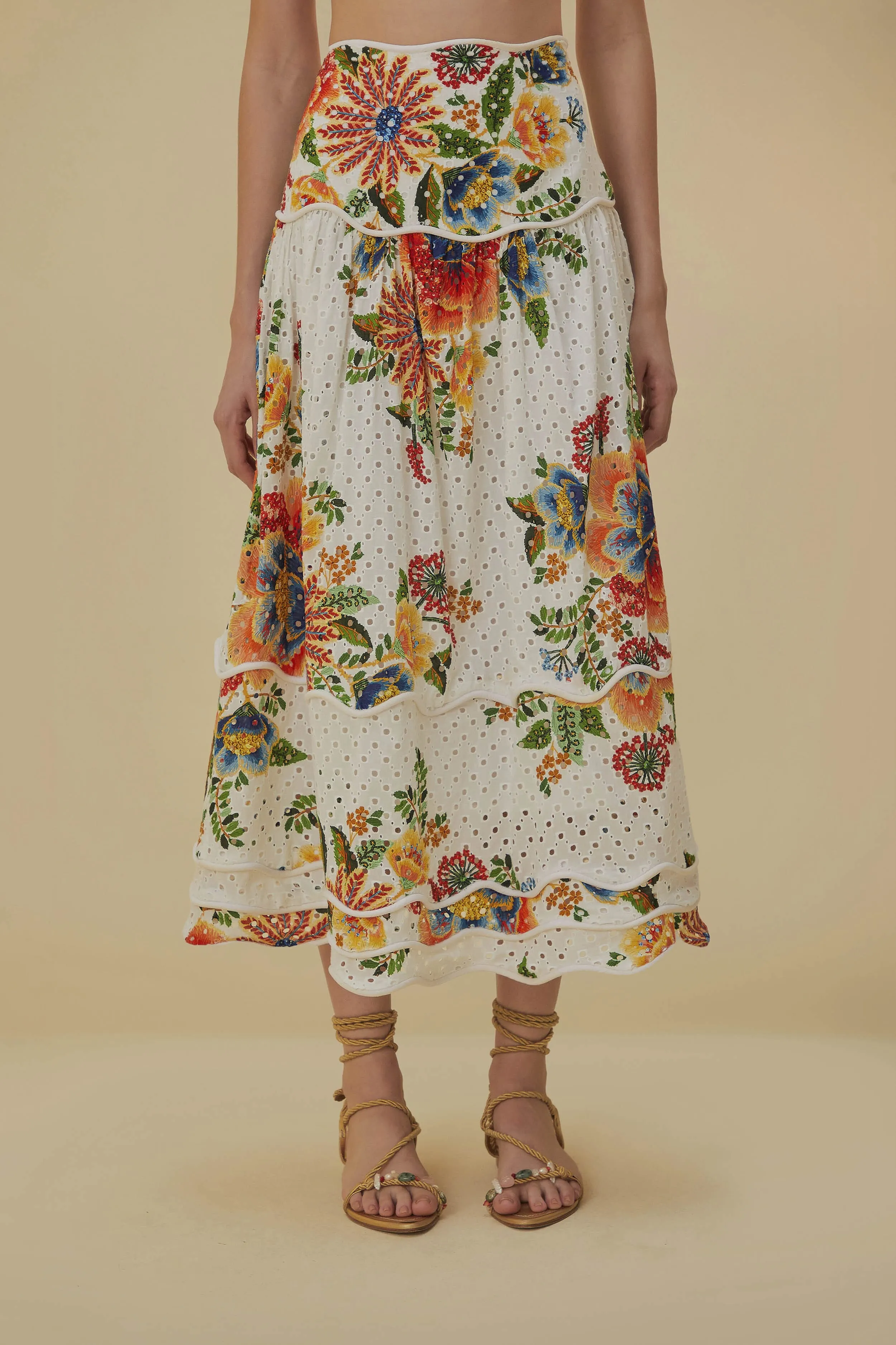 Classic Appeal Off-White Delicate Garden Midi Skirt