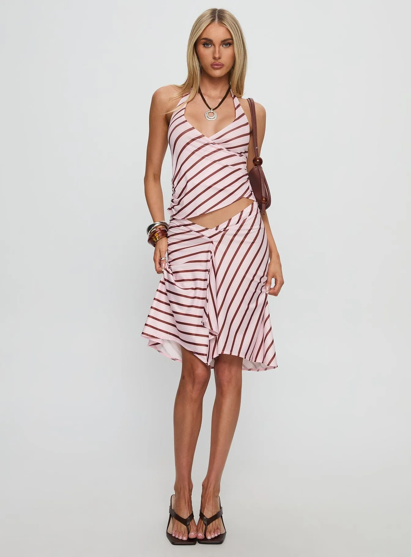 Patchwork Design Casual Style Esmeray Midi Skirt Pink Stripe