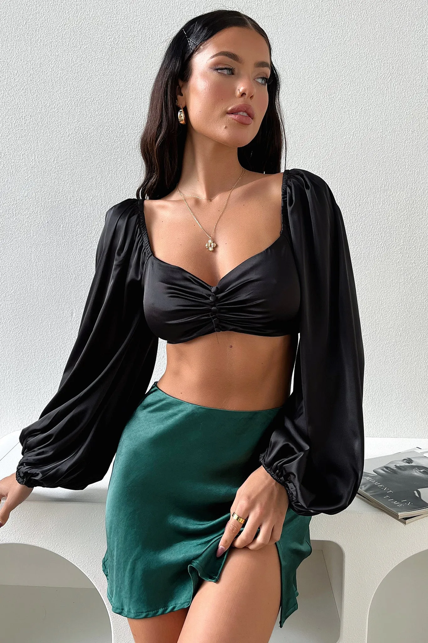 Tonal Look Zara Silk Mini Skirt - Emerald