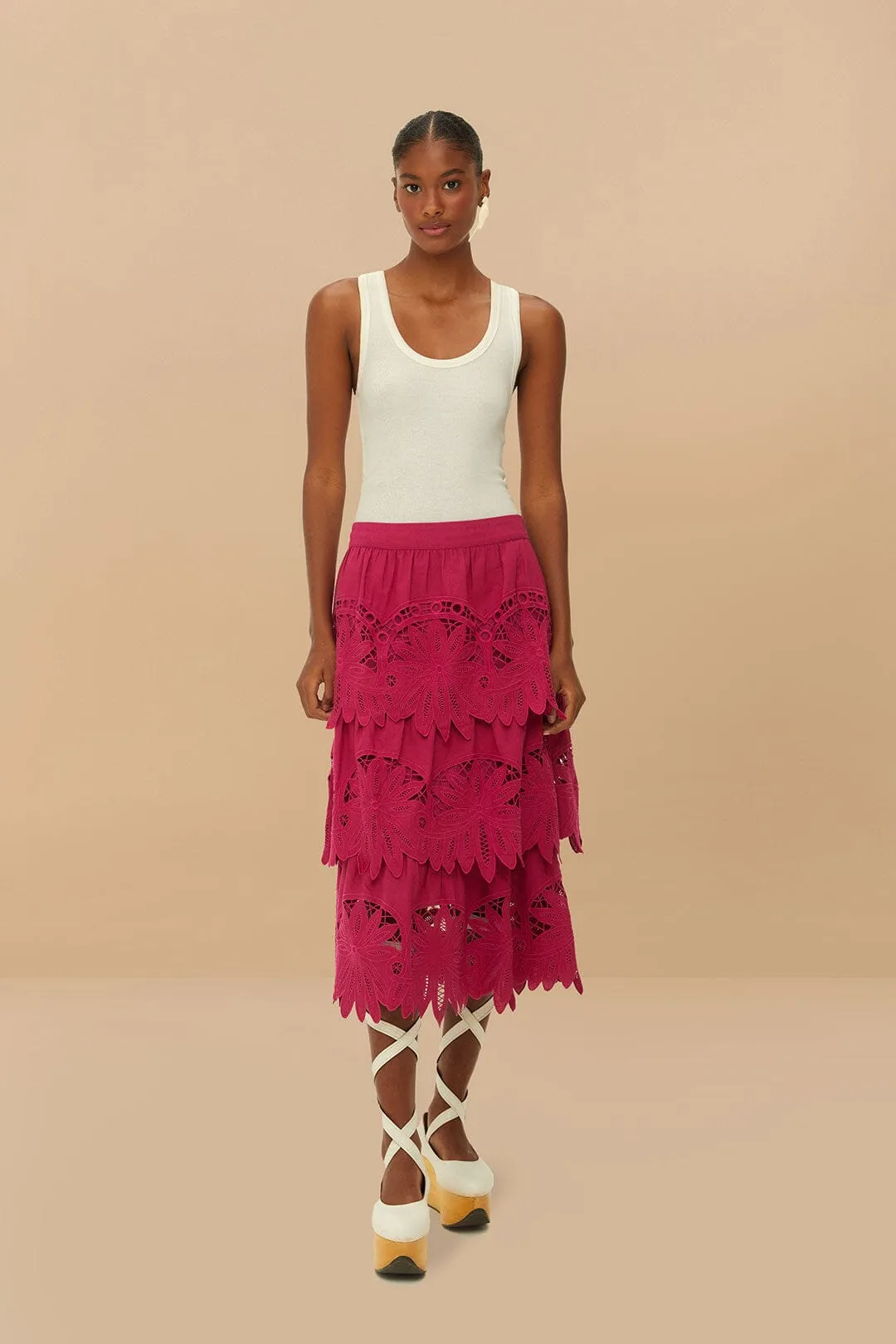 Cashmere Touch Pink Daisy Embroidered Midi Skirt