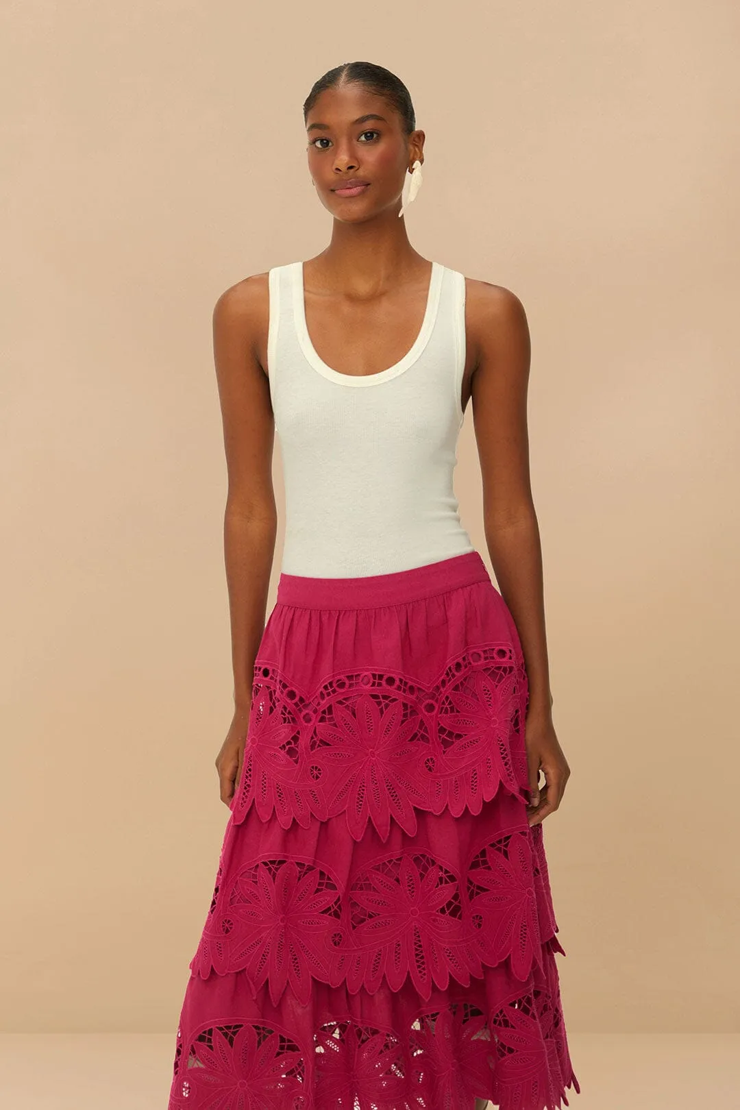 Cool Touch Pink Daisy Embroidered Midi Skirt