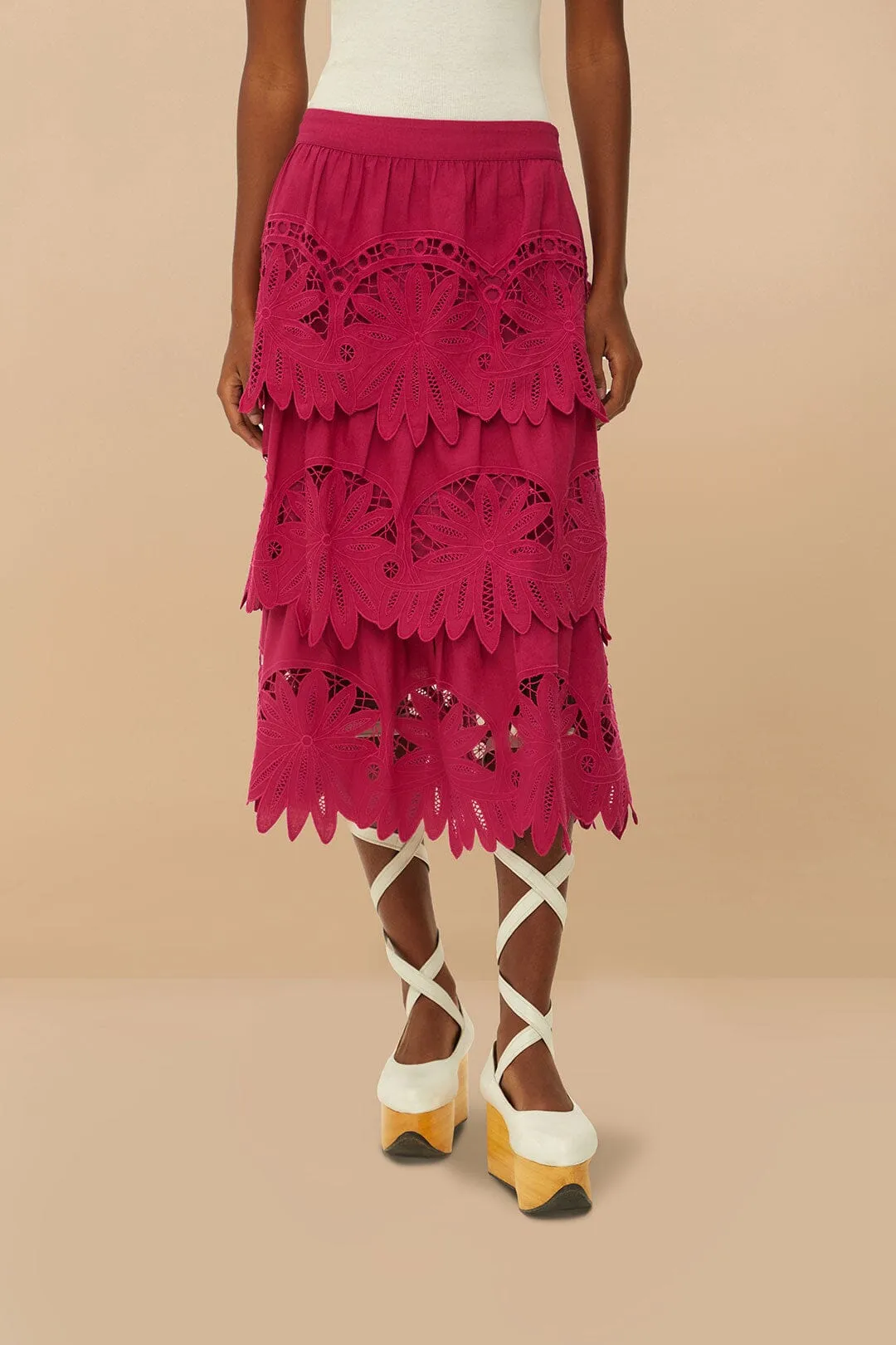 Wardrobe Classic Polished Cut Pink Daisy Embroidered Midi Skirt