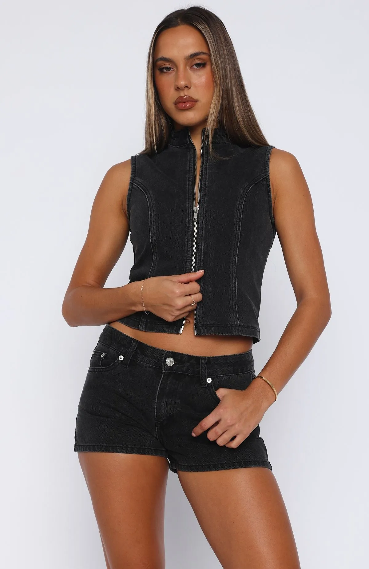 Work Ready Casual Comfort Softly Spoken Denim Shorts Black Acid