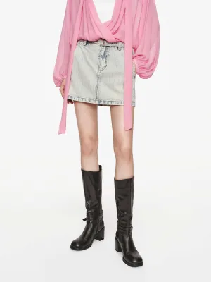 Striped Design Faded Wash Denim Skirt