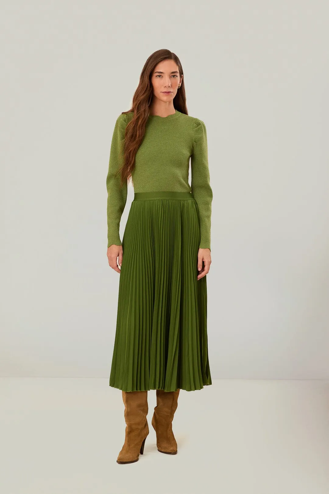 Green Pleated Maxi Skirt Back Slit Classic Elegance