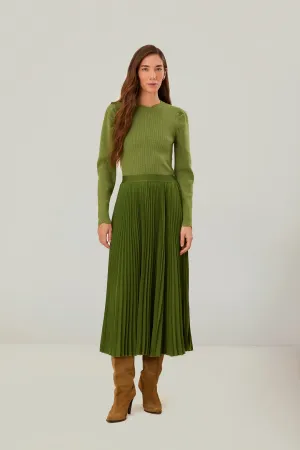 Green Pleated Maxi Skirt Back Slit Classic Elegance