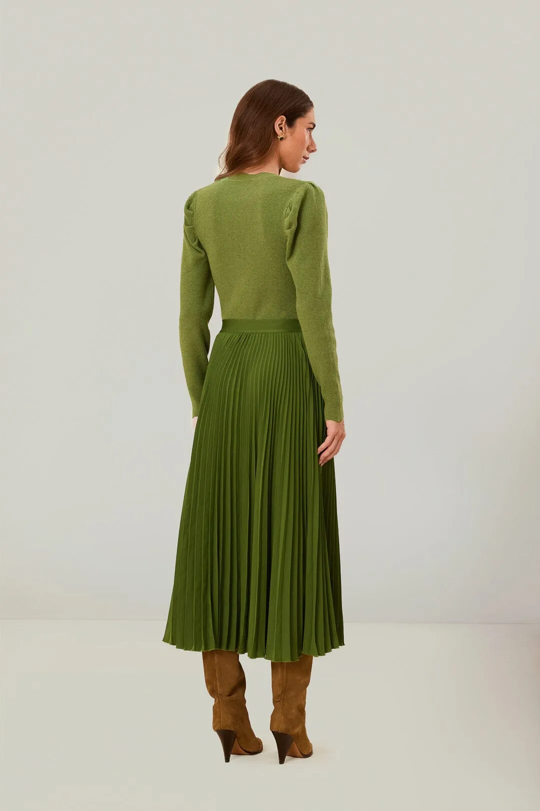 Contrast Panel Green Pleated Maxi Skirt