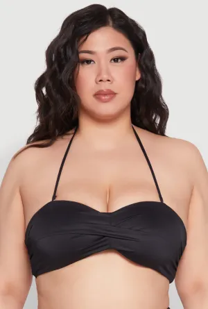 Plus Size Twist Front Bandeau Swim Bikini Top Adjustable Ties Design Thermal Regulating Layer