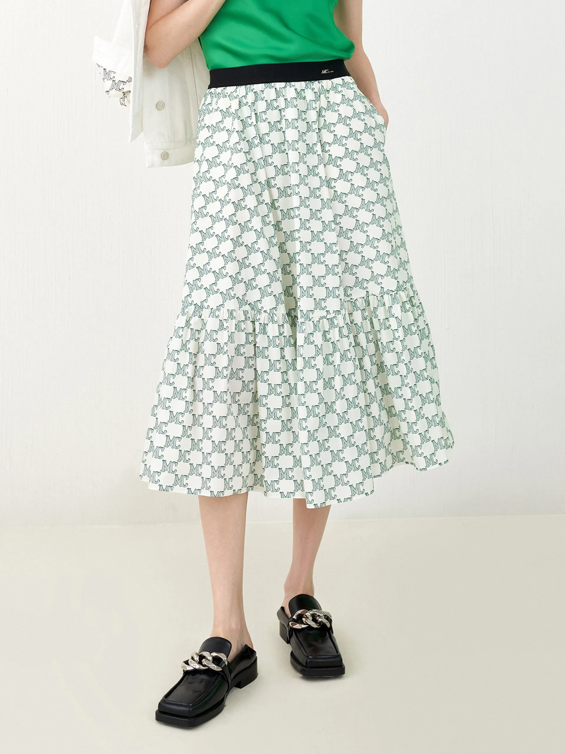 Aesthetic Look muted tone Logo Print Ruffle Midi Skirt