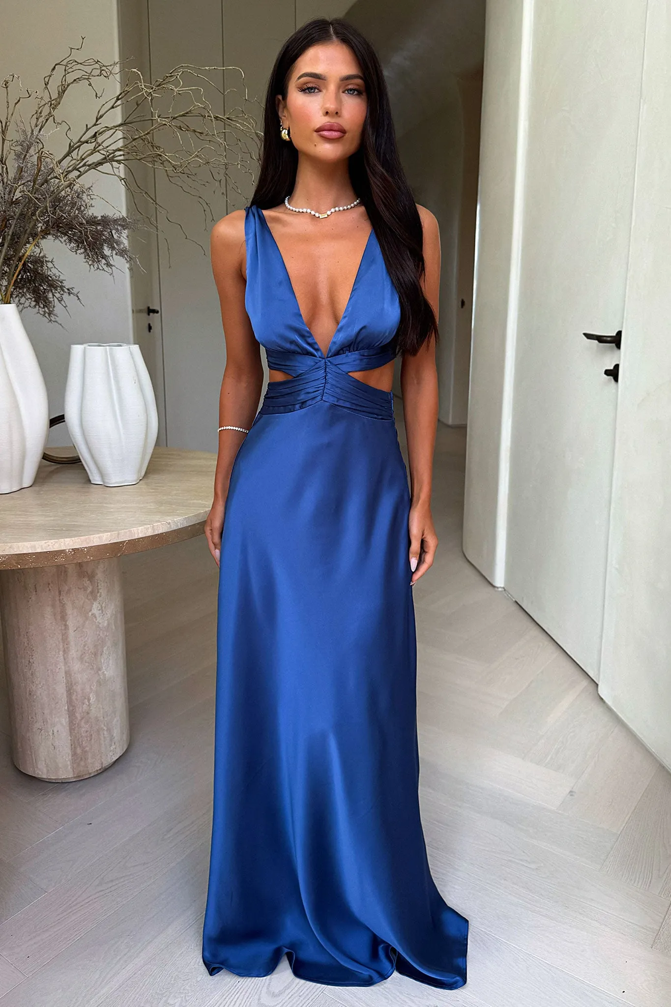 Mirror Glow Emeline V-Neck Satin Maxi Dress - Blue
