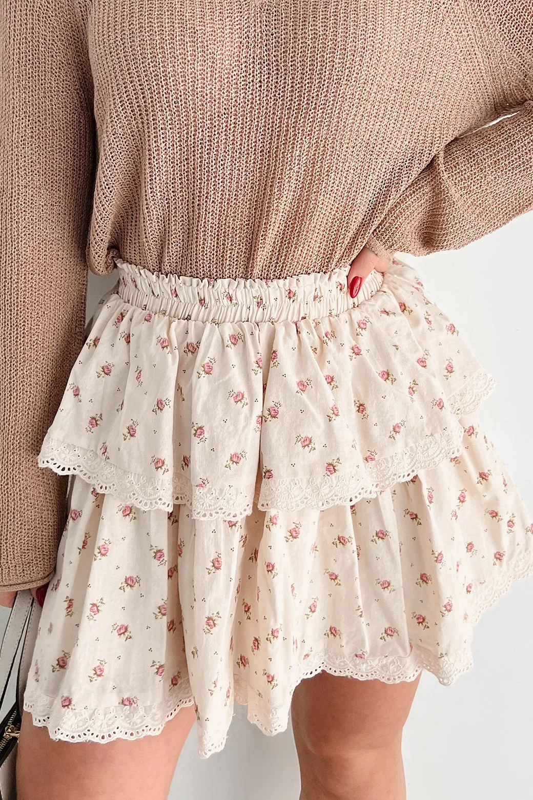 Stitched With A Story Floral Ruffle Mini Skirt (Cream/Multi) Sleek Styling Organic Cotton