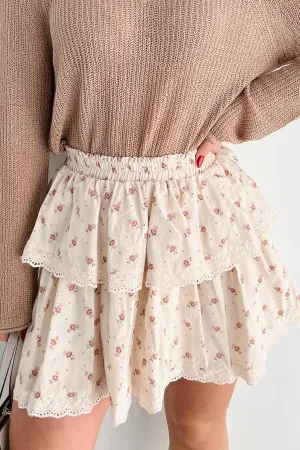 Stitched With A Story Floral Ruffle Mini Skirt (Cream/Multi) Seamless construction Simple Fit