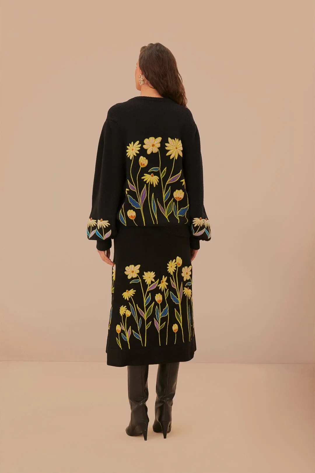 Black Farm Rio Flowers Embroidered Knit Skirt Creative Look