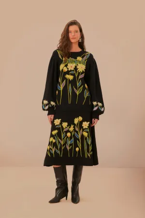Eco Friendly Dye Easy Style Black Farm Rio Flowers Embroidered Knit Skirt
