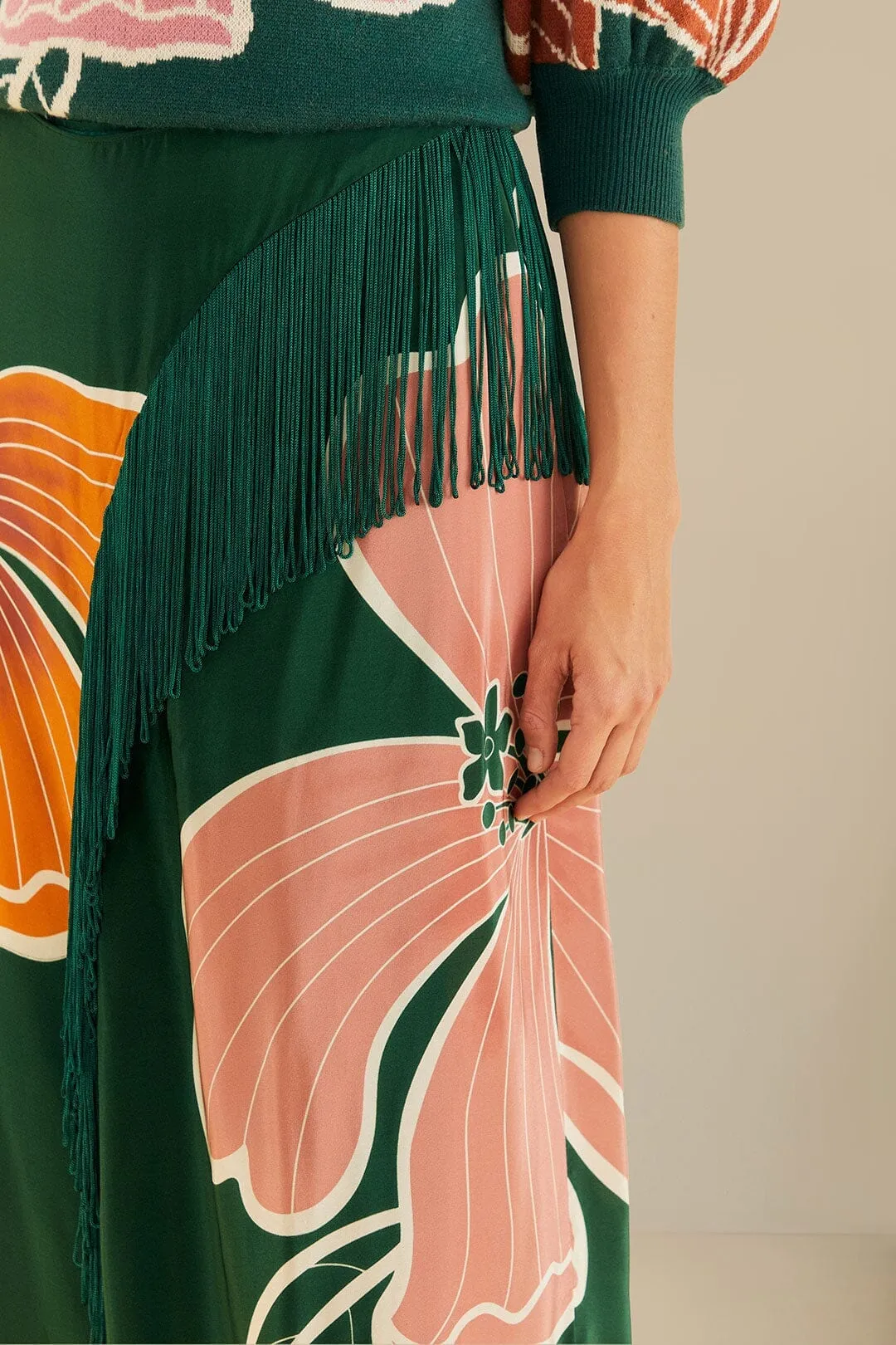 Limited Quantity Green Honolulu Flowers Fringe Maxi Skirt