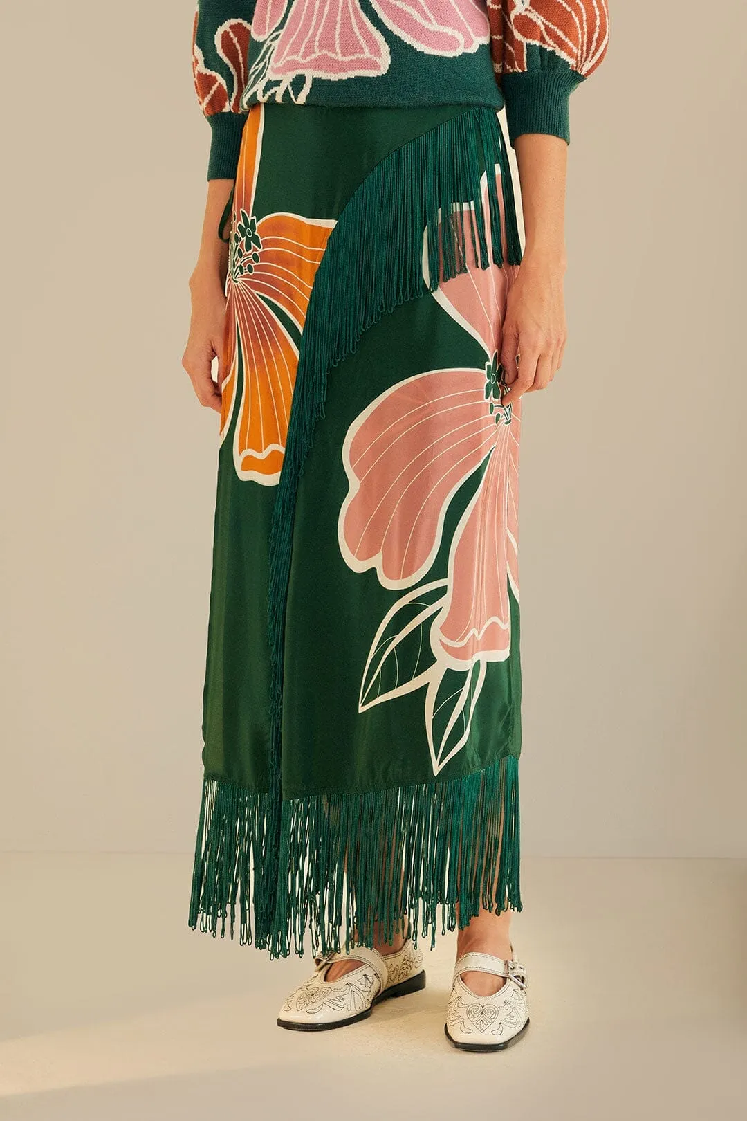 Green Honolulu Flowers Fringe Maxi Skirt Runway Ready Neutral Look