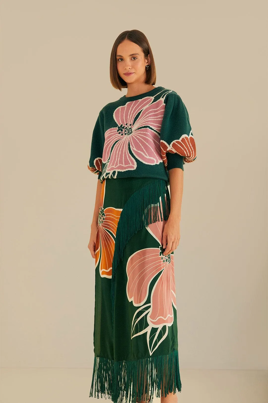 Classic Elegance Green Honolulu Flowers Fringe Maxi Skirt