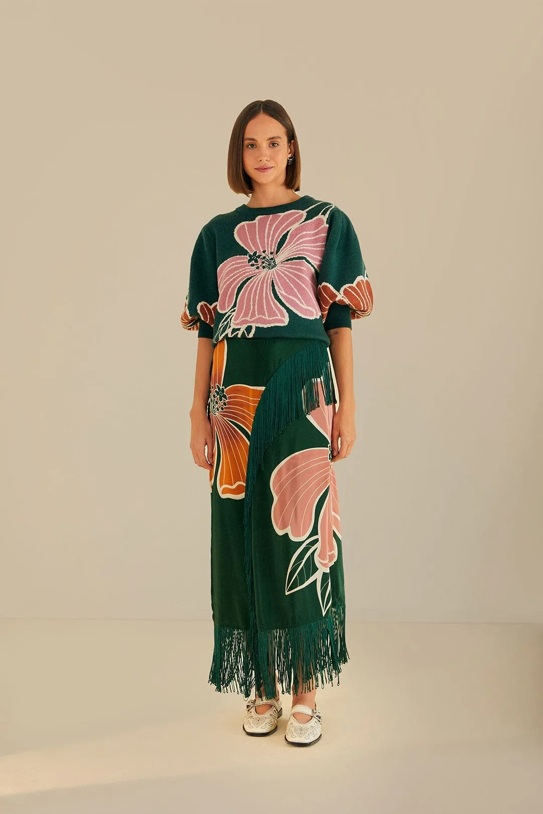 Adjustable Fit Split hem Green Honolulu Flowers Fringe Maxi Skirt