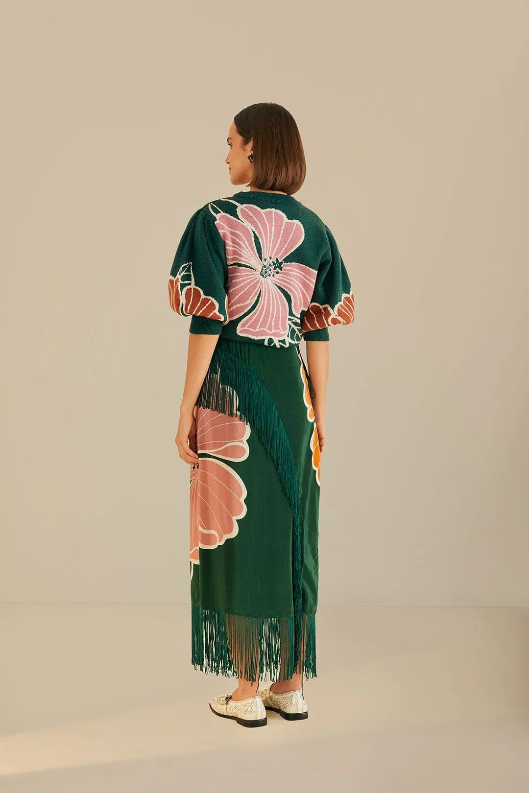 premium fabric Green Honolulu Flowers Fringe Maxi Skirt