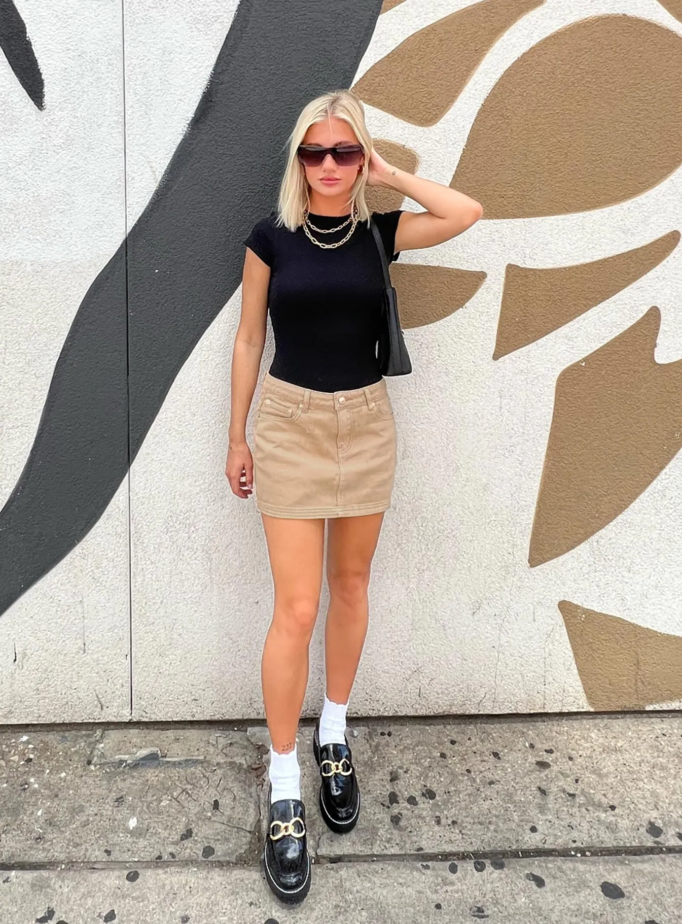 Embroidered Detail Mid Waist Mini Skirt Beige
