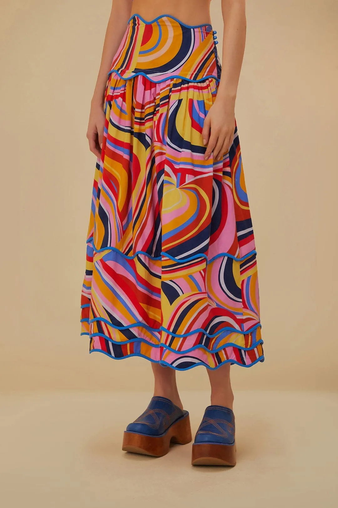 Trendy Mood Biodegradable Fabric Multicolor Waves Midi Skirt