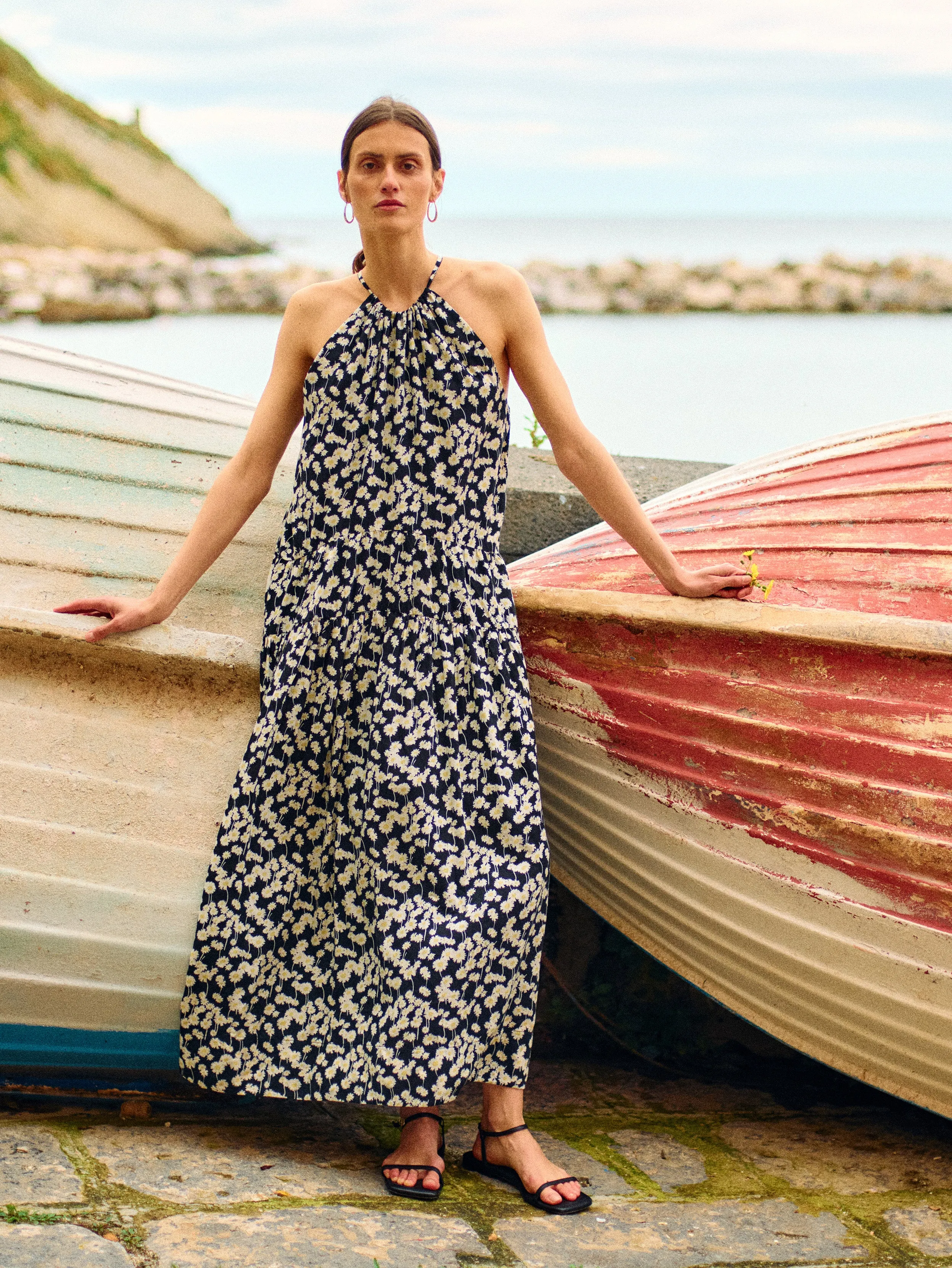 Poplin Glow Deep V Bell Maxi Dress