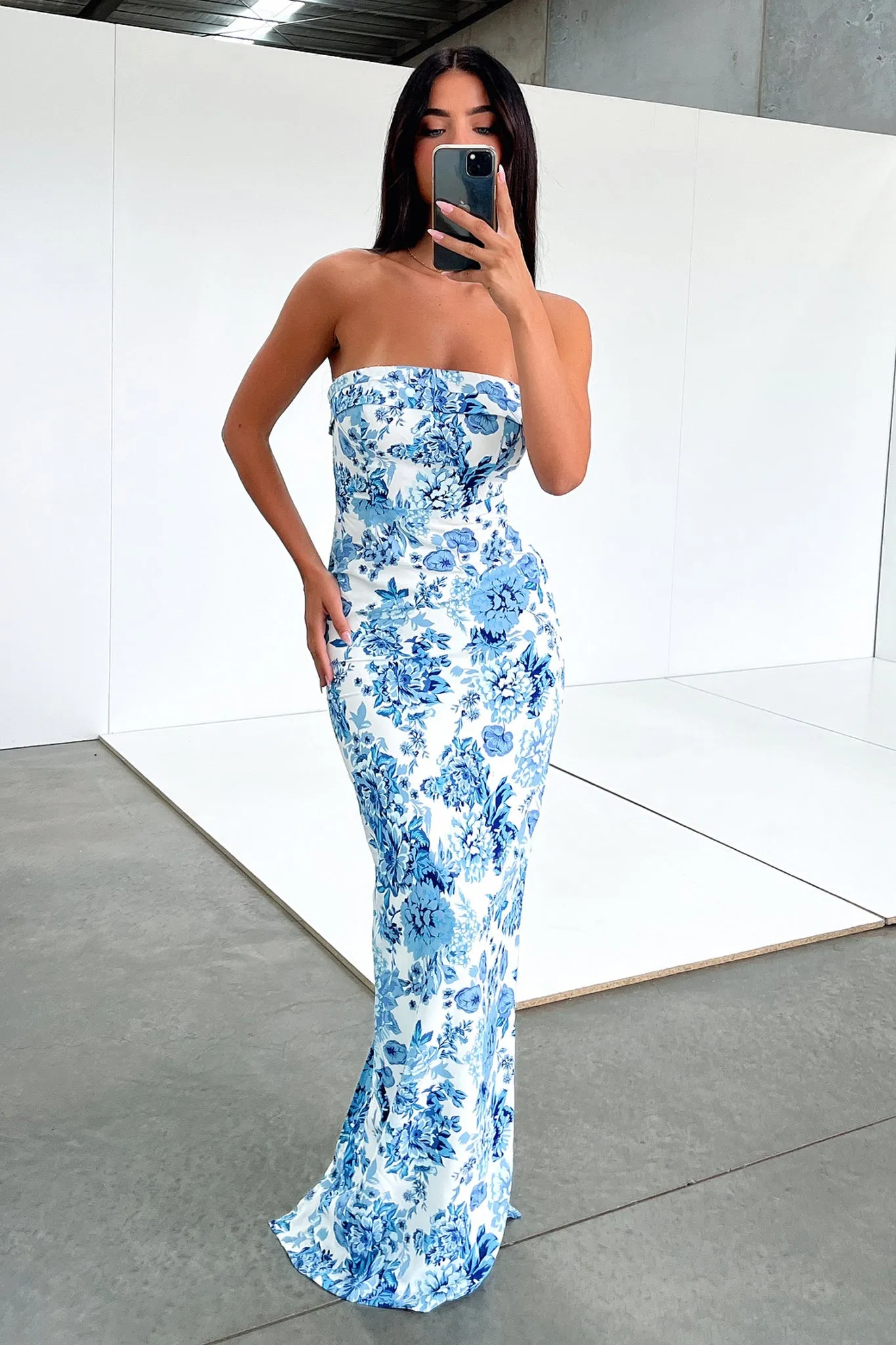Evening Chic Charms Strapless Maxi Dress - Blue Floral