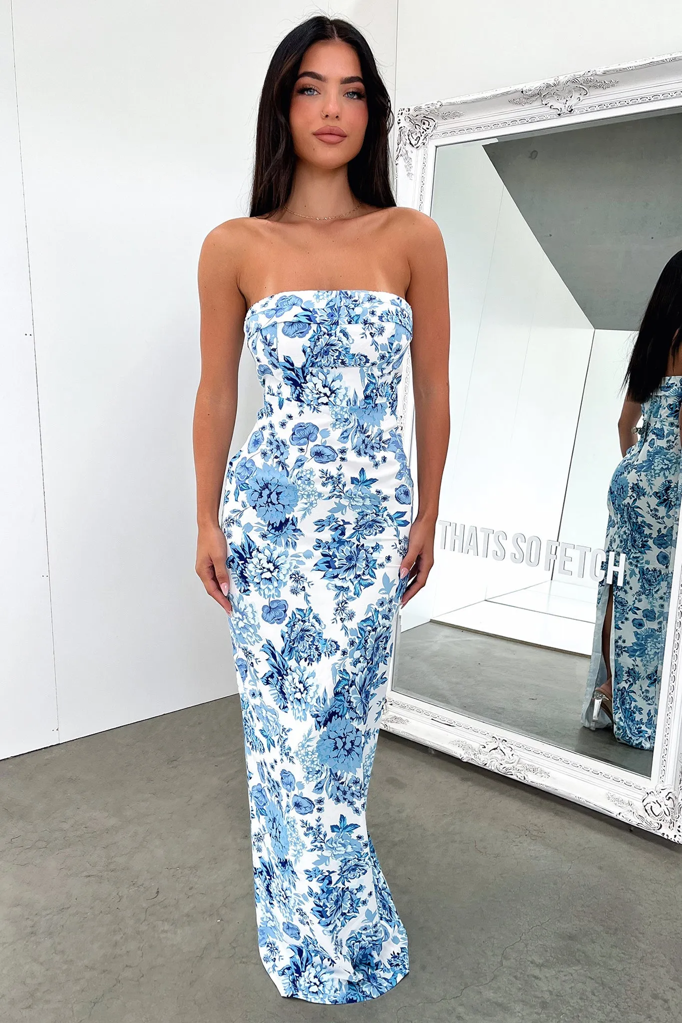 Day Warm Charms Strapless Maxi Dress - Blue Floral