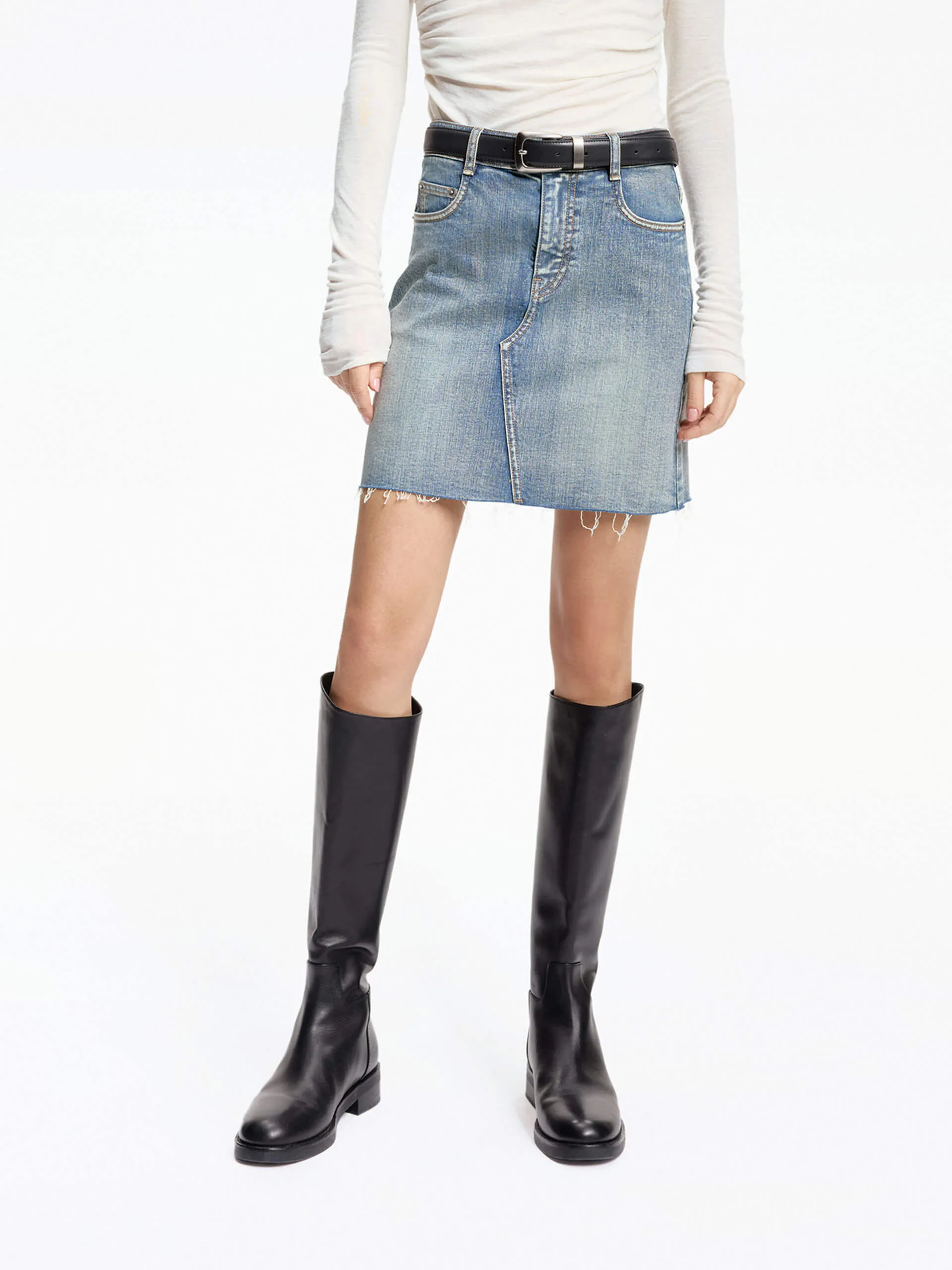 Raw Hem Denim Skirt Street Look
